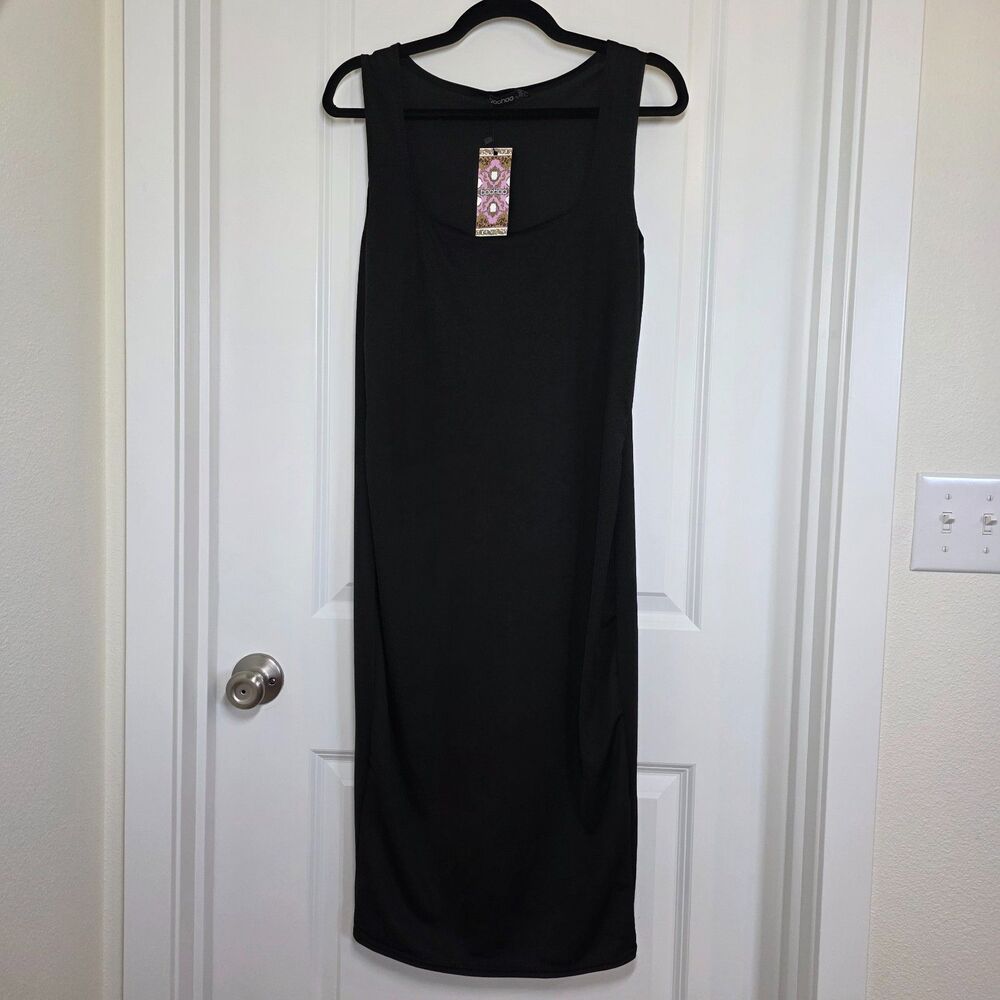 NWT Boohoo Bodycon Midi Dress Square Neck Minimalist Little Black Dress Party